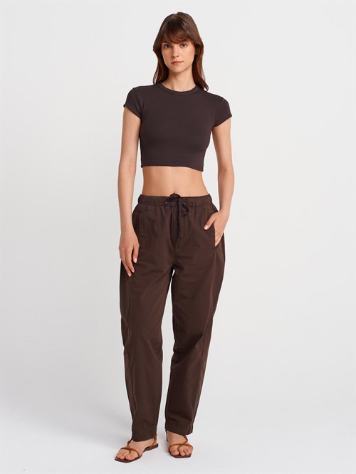 Wholesale Womens Dark Brown Crew-Neck Crop T-shirt
