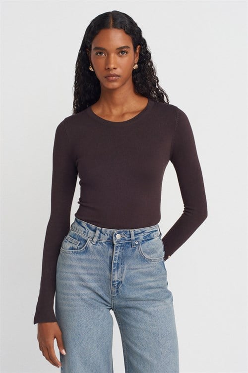 Wholesale Womens Dark Brown Crew-Neck Knit Blouse with Snap-Button Wide Cuffs