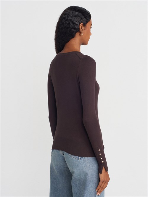 Wholesale Womens Dark Brown Crew-Neck Knit Blouse with Snap-Button Wide Cuffs