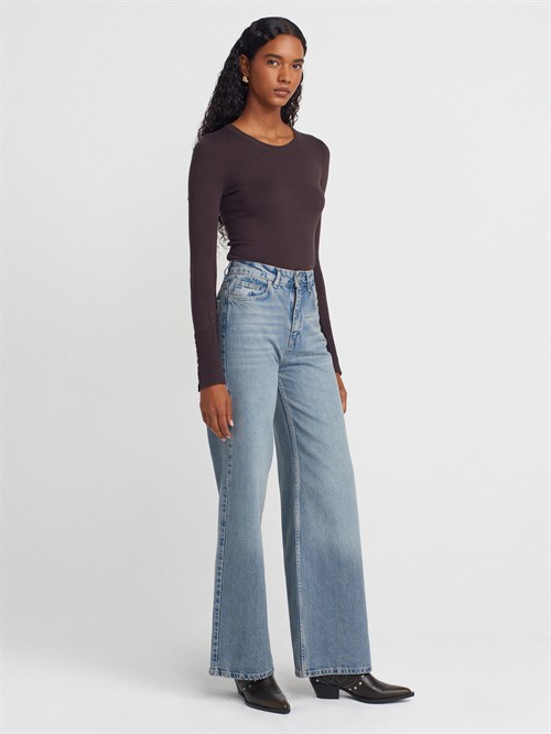 Wholesale Womens Dark Brown Crew-Neck Knit Blouse with Snap-Button Wide Cuffs