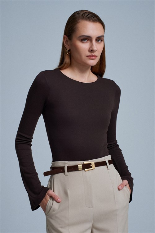 Wholesale Womens Dark Brown Crew-Neck Long-Sleeve Top