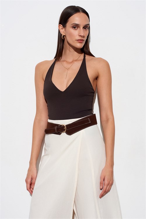 Wholesale Womens Dark Brown Cross-Back Cotton Bodysuit
