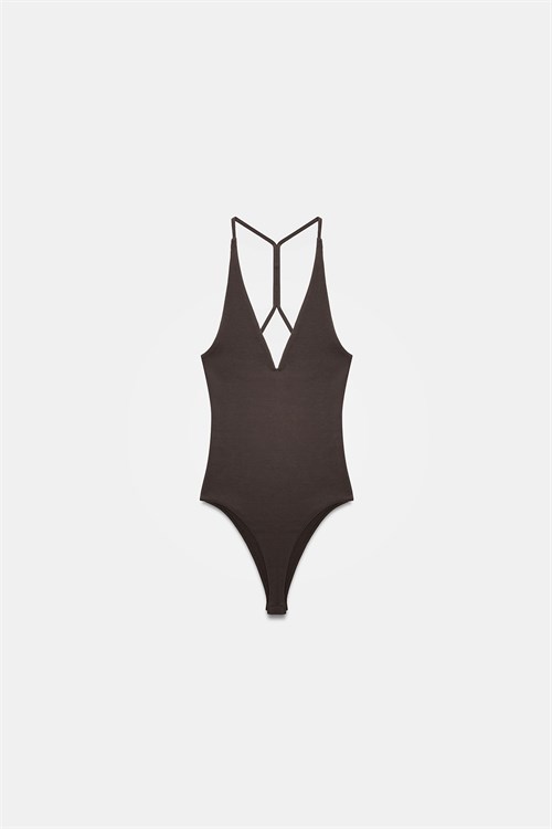 Wholesale Womens Dark Brown Cross-Back Cotton Bodysuit
