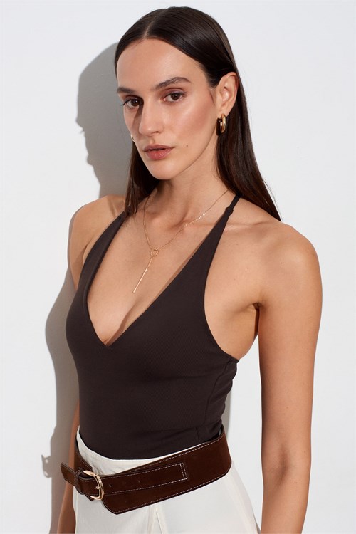 Wholesale Womens Dark Brown Cross-Back Cotton Bodysuit