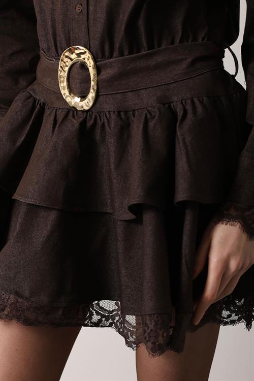 Wholesale Womens Dark Brown Denim Mini Dress with Lace Trim