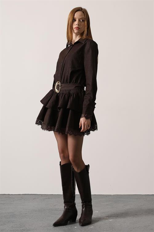 Wholesale Womens Dark Brown Denim Mini Dress with Lace Trim