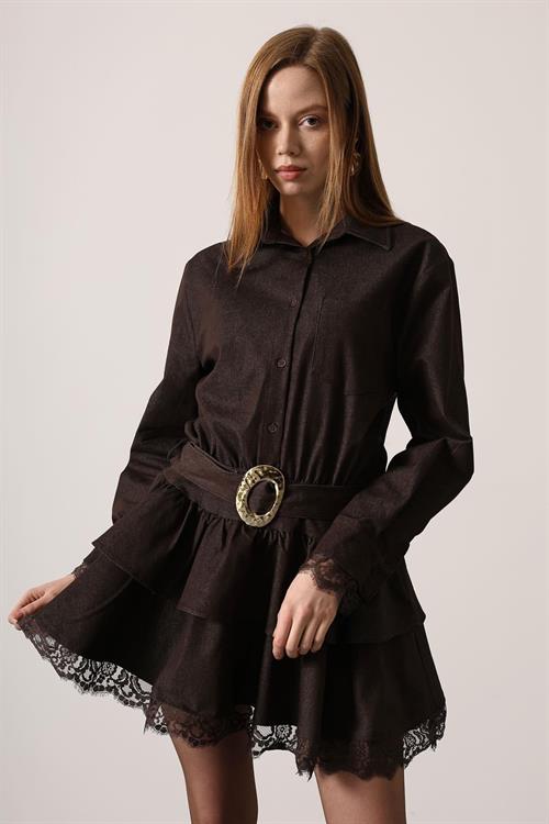 Wholesale Womens Dark Brown Denim Mini Dress with Lace Trim