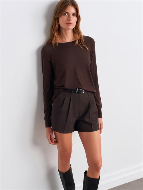 Wholesale Womens Dark Brown Fine Knit Blouse with Raglan Sleeves and Side Slits