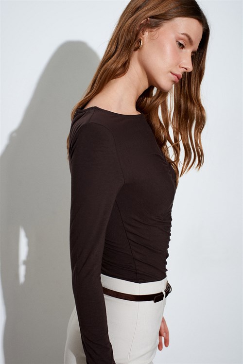 Wholesale Womens Dark Brown Gathered Boat-Neck Top