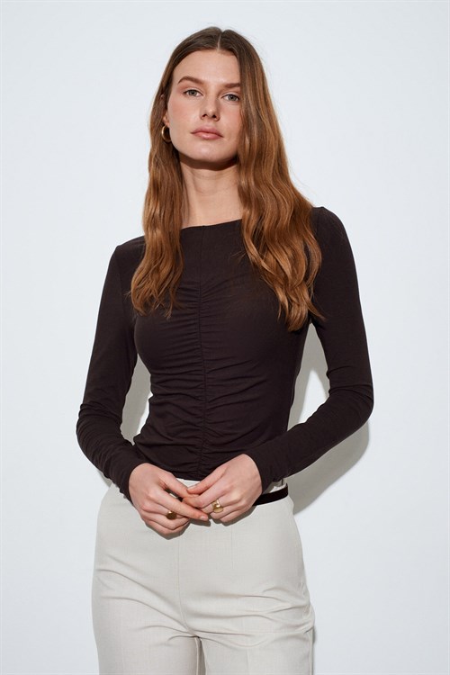 Wholesale Womens Dark Brown Gathered Boat-Neck Top