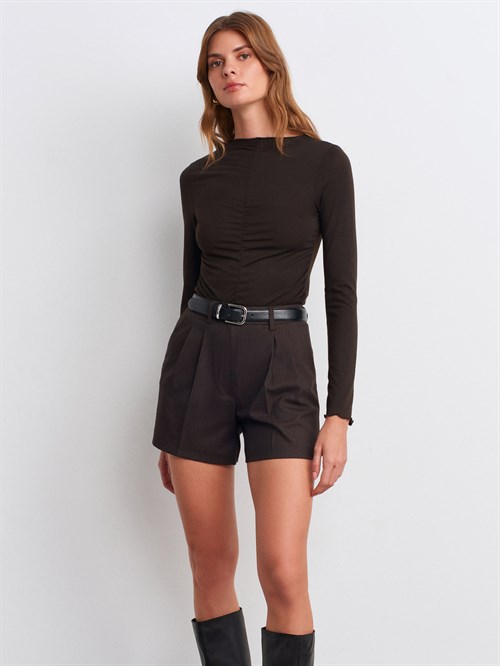 Wholesale Womens Dark Brown Gathered Long-Sleeve Top