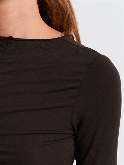 Wholesale Womens Dark Brown Gathered Long-Sleeve Top