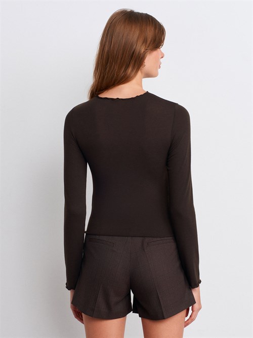 Wholesale Womens Dark Brown Gathered Long-Sleeve Top