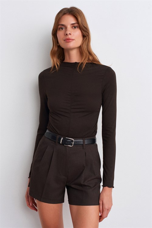 Wholesale Womens Dark Brown Gathered Long-Sleeve Top