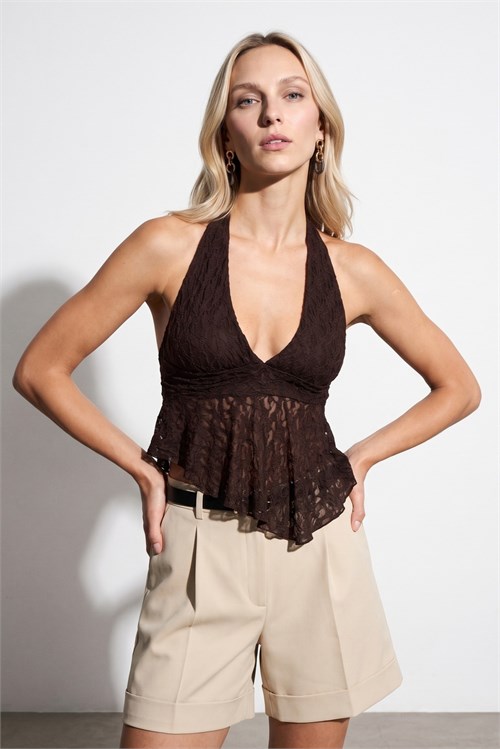 Wholesale Womens Dark Brown Lace Halter Top