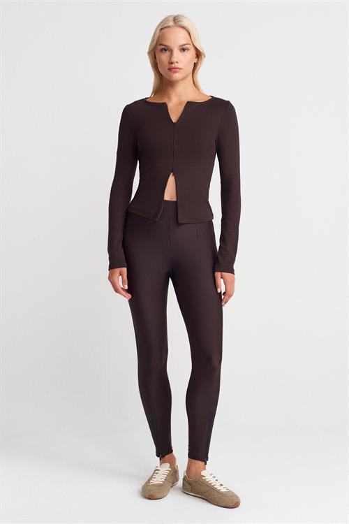 Wholesale Womens Dark Brown Leggings with Front Ankle Zippers