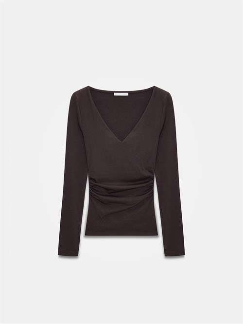 Wholesale Womens Dark Brown Long-Sleeve V-Neck Top