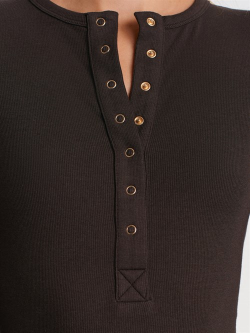 Wholesale Womens Dark Brown Long-Sleeve Top with Snap-Up Half Placket