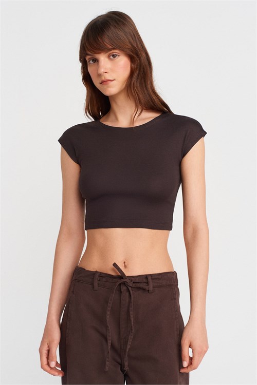 Wholesale Womens Dark Brown Modal-Cotton Cropped T-Shirt