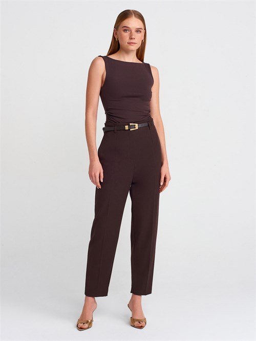 Wholesale Womens Dark Brown Side Gathered Boat-Neck Top