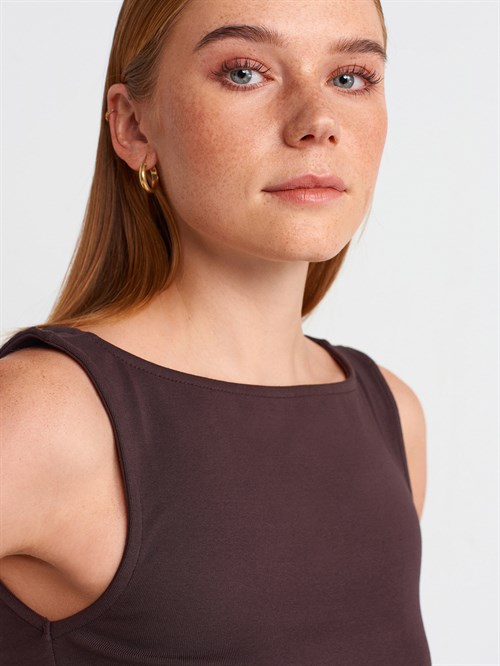 Wholesale Womens Dark Brown Side Gathered Boat-Neck Top