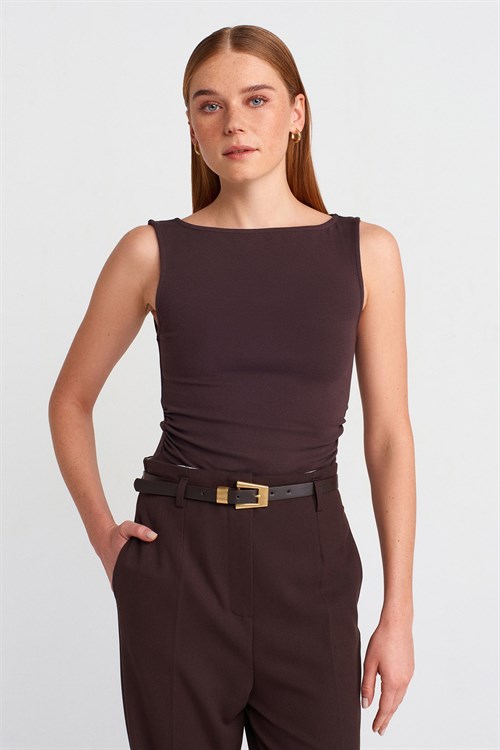 Wholesale Womens Dark Brown Side Gathered Boat-Neck Top