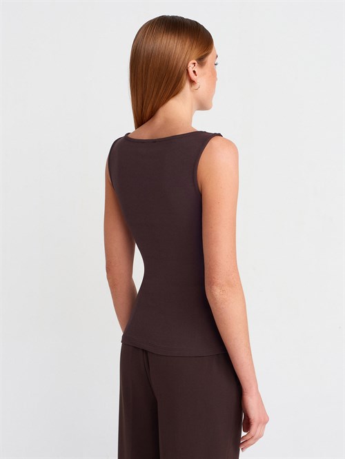 Wholesale Womens Dark Brown Side Gathered Boat-Neck Top