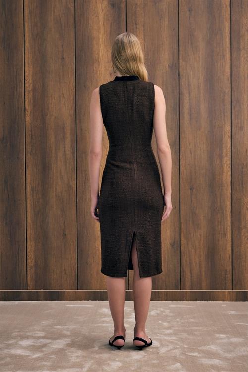 Wholesale Womens Dark Brown Sleeveless Tweed Dress with Scarf