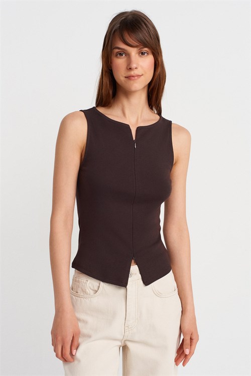 Wholesale Womens Dark Brown Sleeveless Top with Two-Way Zipper