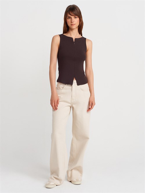 Wholesale Womens Dark Brown Sleeveless Top with Two-Way Zipper