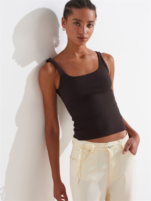 Wholesale Womens Dark Brown Square-Neck Tank Top with Open Back