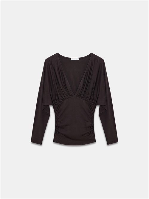 Wholesale Womens Dark Brown V-Neck Batwing Top with Underbust Gathering