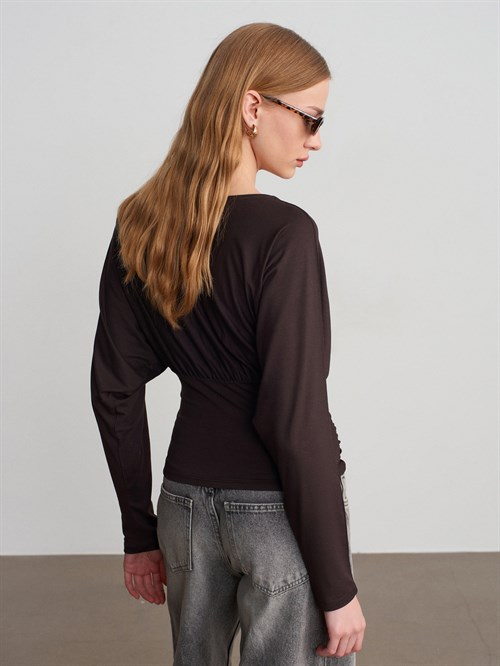 Wholesale Womens Dark Brown V-Neck Batwing Top with Underbust Gathering