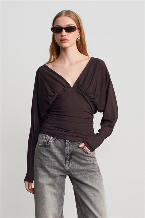 Wholesale Womens Dark Brown V-Neck Batwing Top with Underbust Gathering