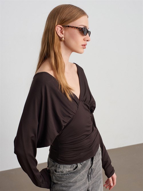 Wholesale Womens Dark Brown V-Neck Batwing Top with Underbust Gathering