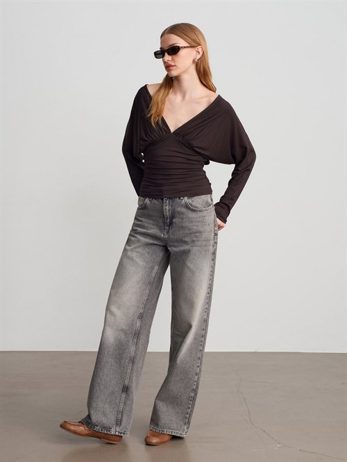 Wholesale Womens Dark Brown V-Neck Batwing Top with Underbust Gathering