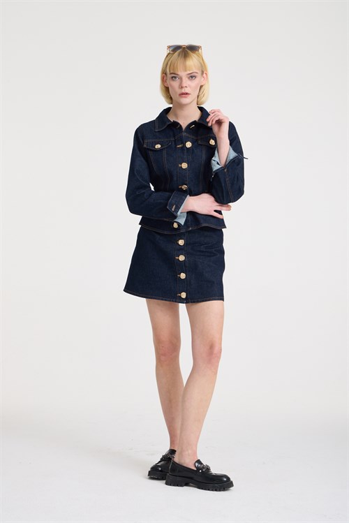 Wholesale Womens Dark Navy Denim Jacket and Skirt Set