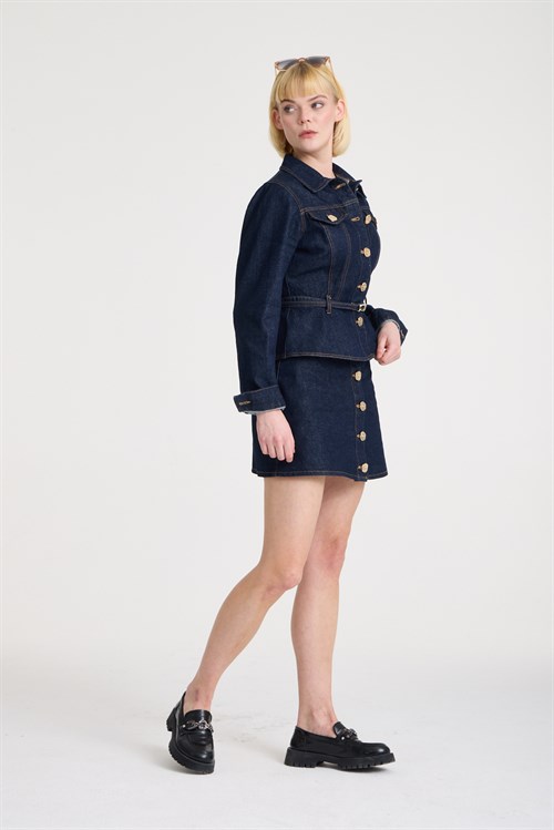 Wholesale Womens Dark Navy Denim Jacket and Skirt Set