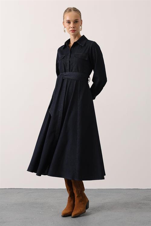 Wholesale Womens Dark Navy Denim Midi Dress with Belt