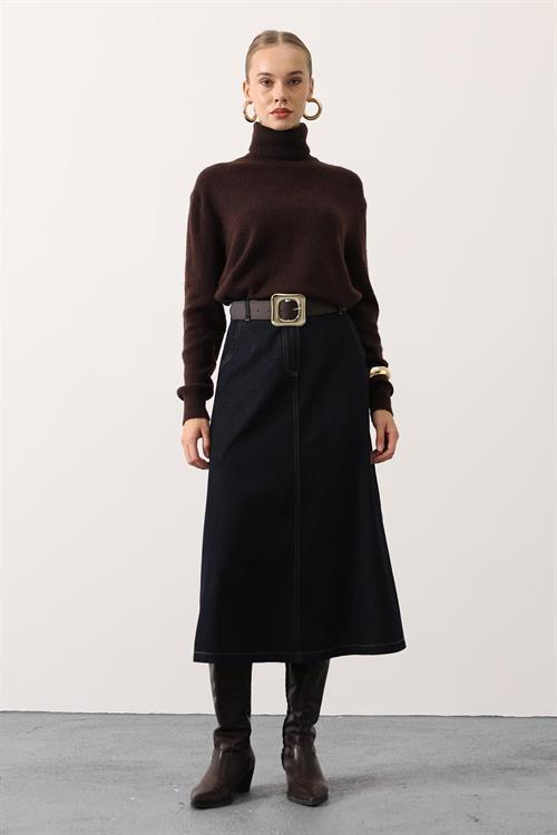 Wholesale Womens Dark Navy Denim Midi Skirt with Belt
