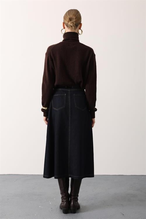 Wholesale Womens Dark Navy Denim Midi Skirt with Belt