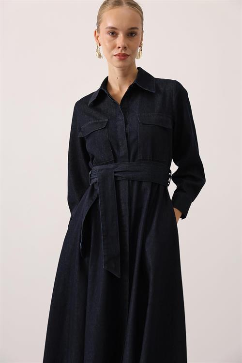 Wholesale Womens Dark Navy Denim Midi Dress with Belt