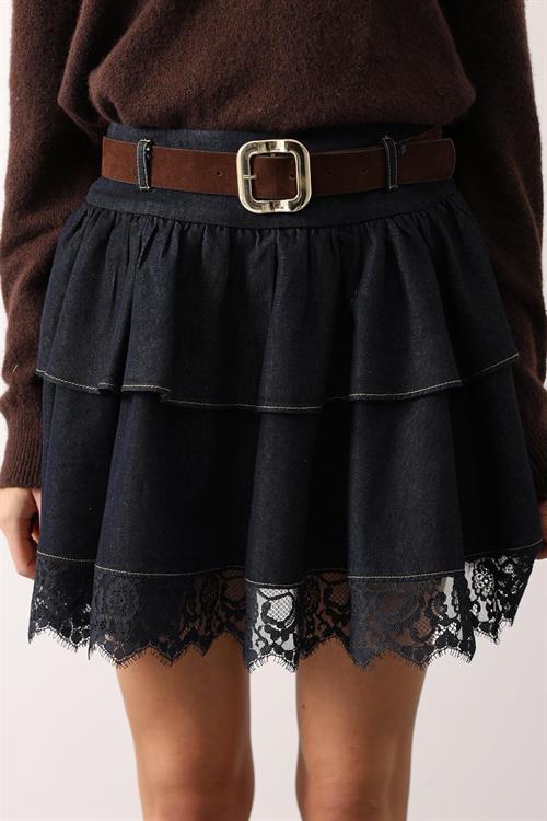 Wholesale Womens Dark Navy Denim Mini Skirt with Lace Trim
