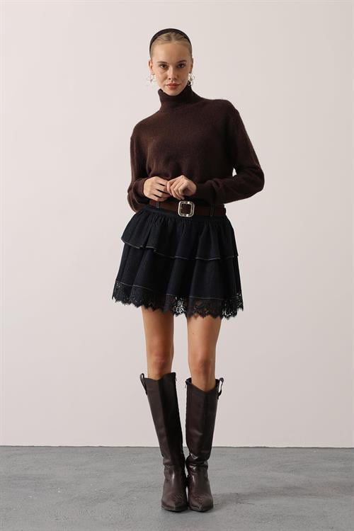 Wholesale Womens Dark Navy Denim Mini Skirt with Lace Trim