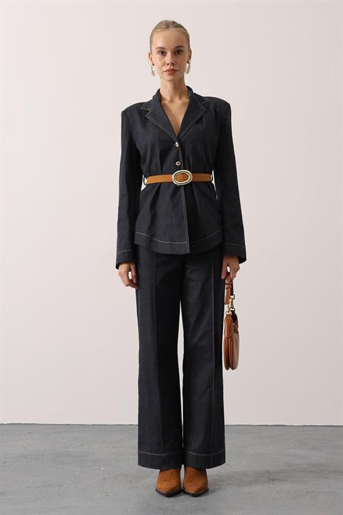 Wholesale Womens Dark Navy Denim Suit with Belt