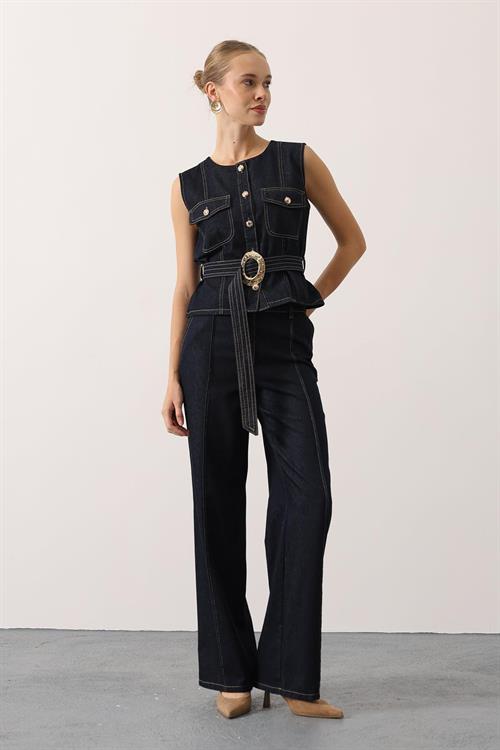 Wholesale Womens Dark Navy Denim Suit with Belt