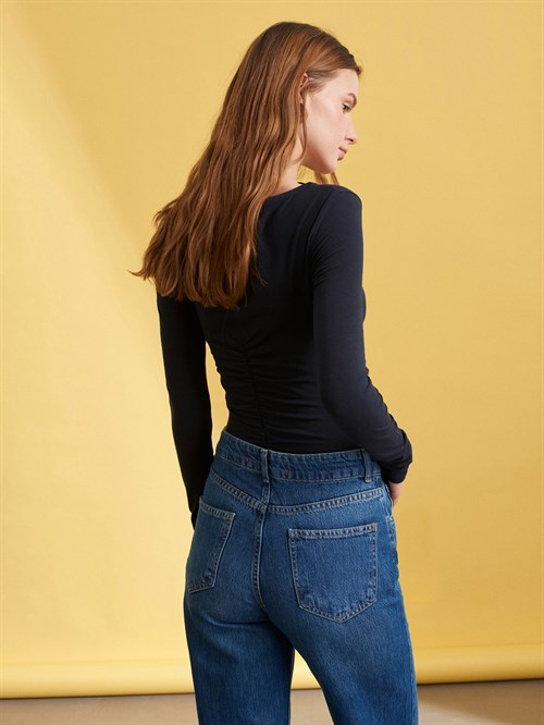 Wholesale Womens Dark Navy Gathered Boat-Neck Top
