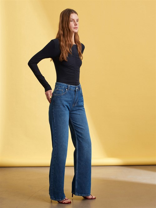 Wholesale Womens Dark Navy Gathered Boat-Neck Top