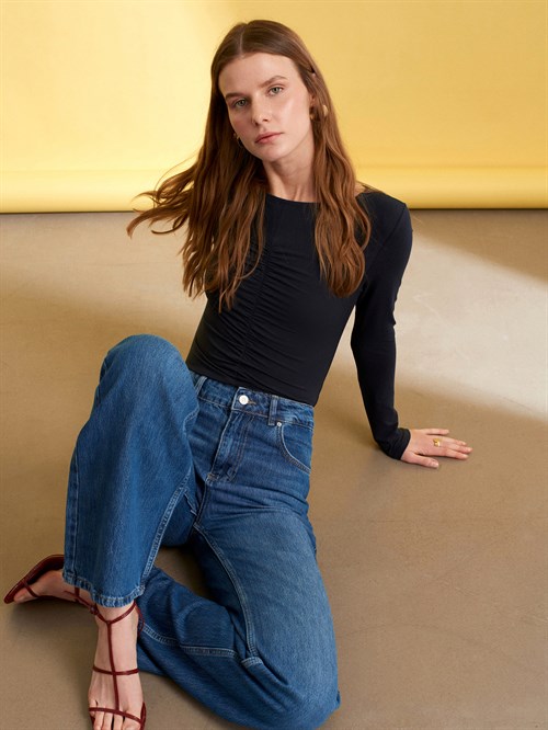 Wholesale Womens Dark Navy Gathered Boat-Neck Top