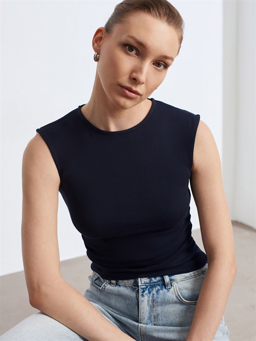 Wholesale Womens Dark Navy Side Gathered T-Shirt